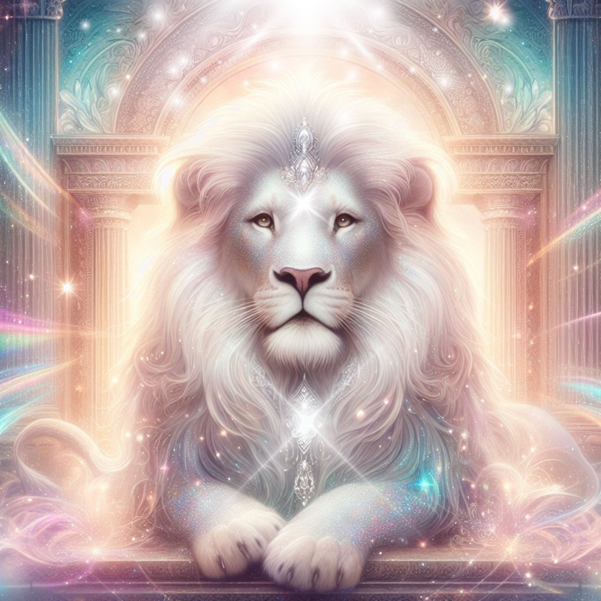 weißer glitzernder Löwe liegt vor einem tempel