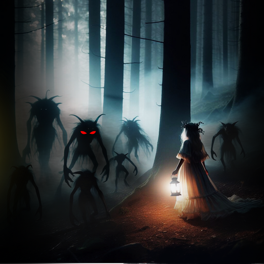 Kind steht in einem dunklen Wald mit Laterne. Monster stehen vor ihr. Sie hat keine Angst.