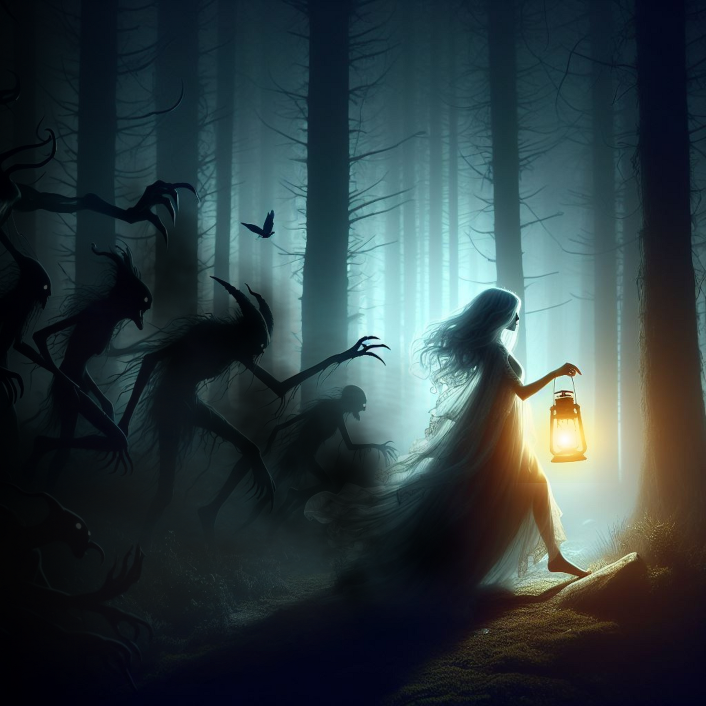 Frau läuft mit Laterne durch einen dunklen Wald. Monster laufe hinter ihr her.