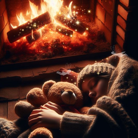 Kind mit Teddy im Arm schläft vor einem Kaminfeuer.