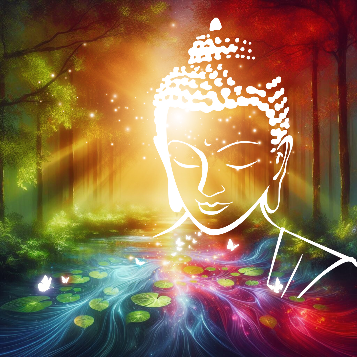 Buddha Kopf vor fließendem Gewässer das in Chakra Farben leuchtet. Ein Wald.