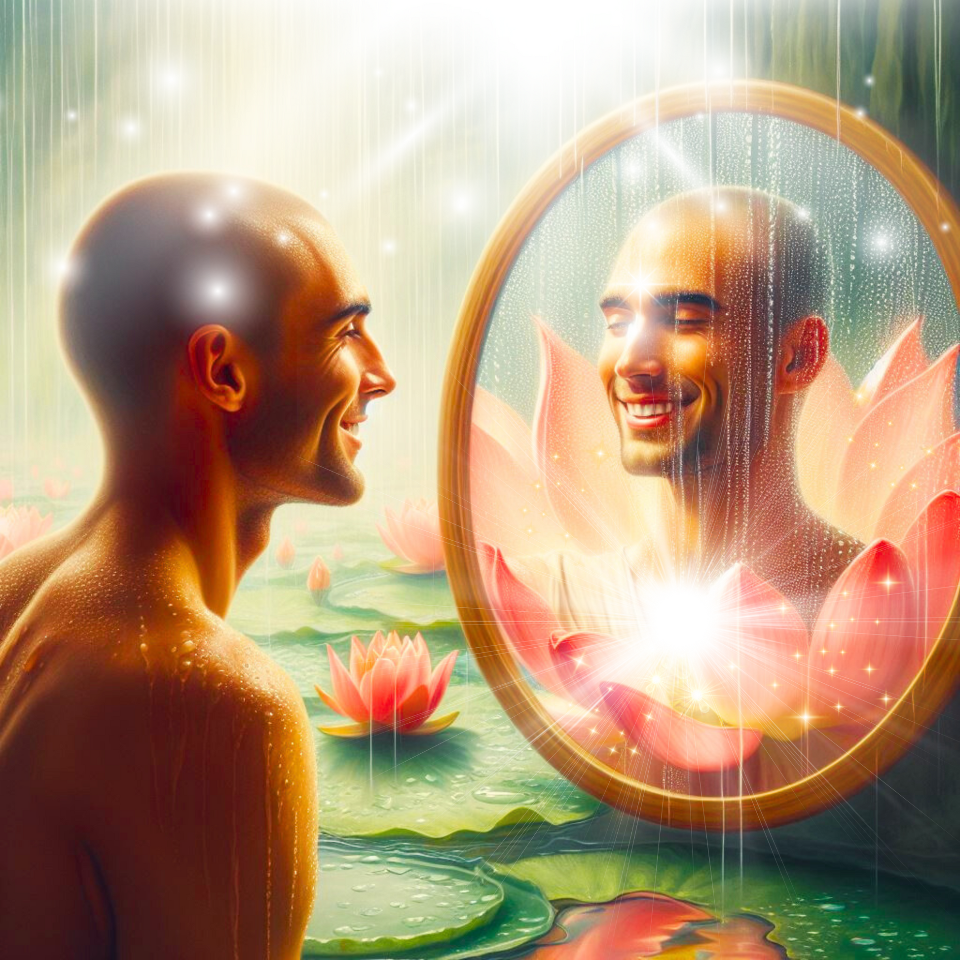 Mann sitzt in einem Lotusteich, er schaut in einen Spiegel und sieht sich darin als Erleuchteter.