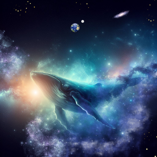 Wal schwebt im Weltall. Hinter ihm die Erde mit dem Mond. Er kommt vom Sirius Sternsystem.