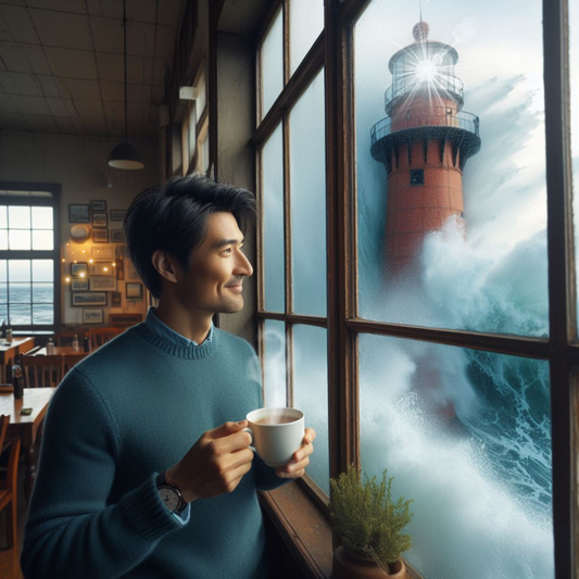 Leuchtturm mit hohen Wellen umspült. Ein Mann am Fenster mit einer Tasse kaffee