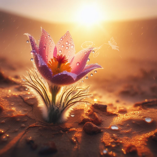 Blume in einer Wüste. Eine Fee gibt ihr Wasser.