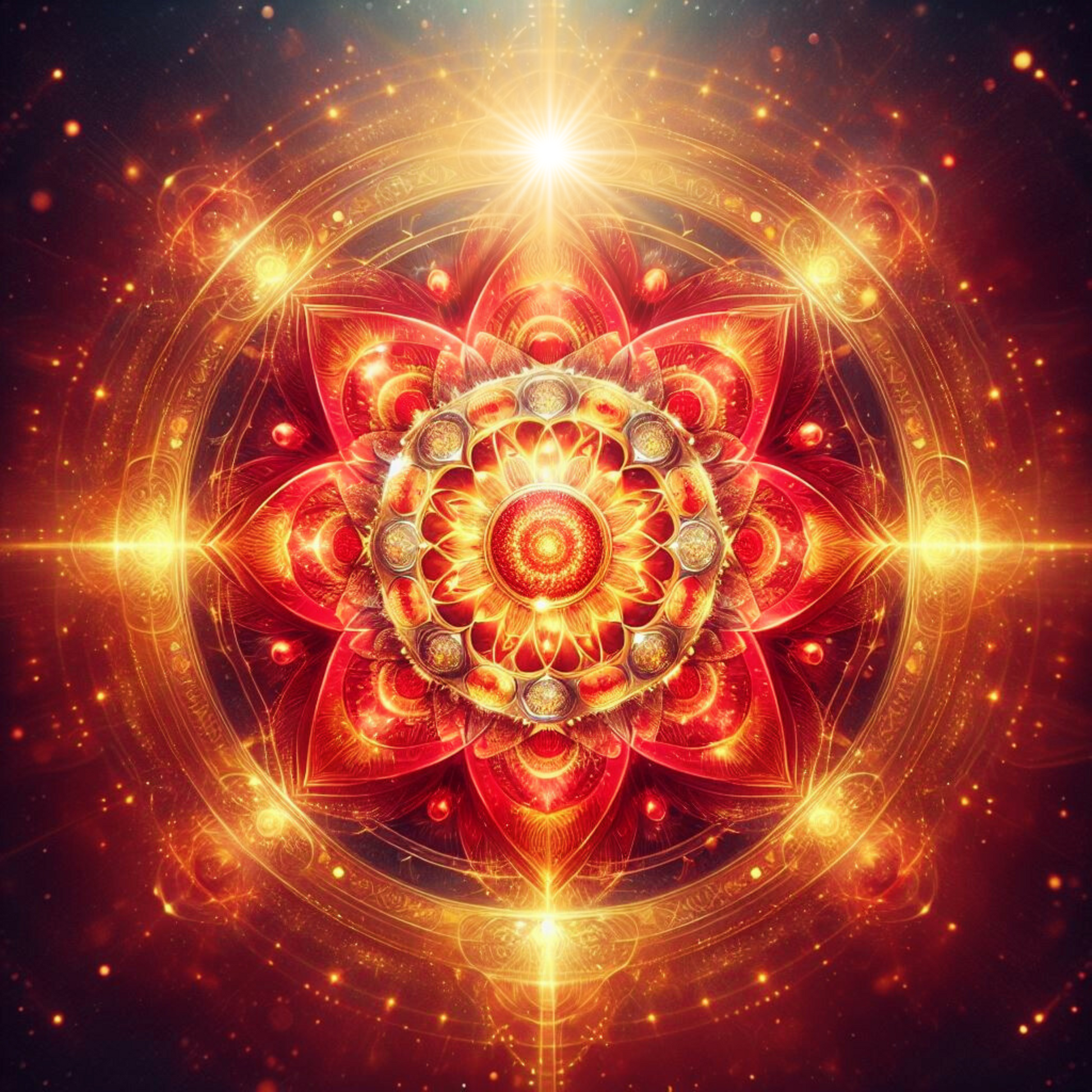 Dunkelrotes, goldenes Mandala, es steht für das Wurzel Chakra und strahlt.