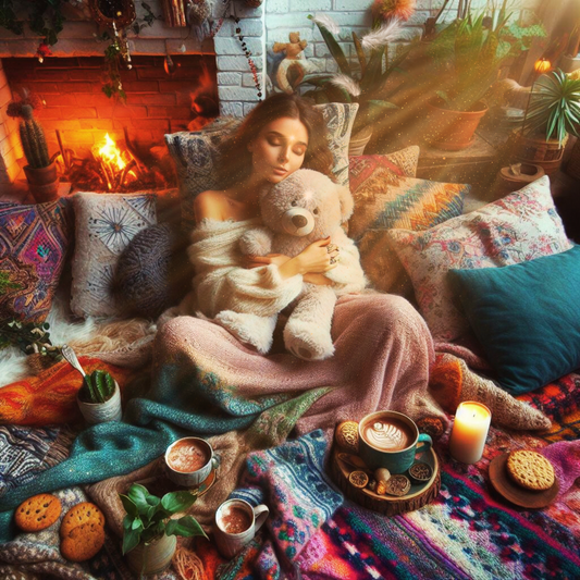 Frau knuddelt Teddybär. Sie sitzt auf Bohemian Decken und trinkt Cappuccino 